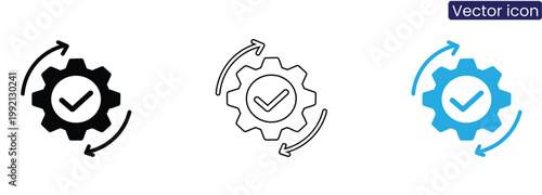 Gear icon with checkmark and arrows on white background for business and settings concepts