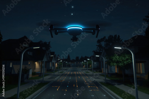 Autonomous drone patrolling smart neighborhood with glowing sensors in futuristic night environment