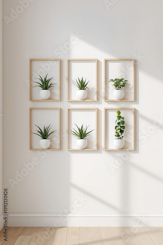Minimalist wall with wooden frames displaying small plants in Scandinavian interior design