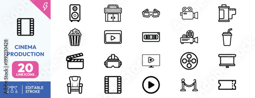 Collection of minimalist thin line icons representing various elements of film industry and cinema production