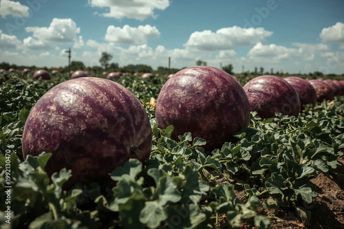 Purple giant watermelons growing in sunny farm field with vibrant surreal agricultural landscape
