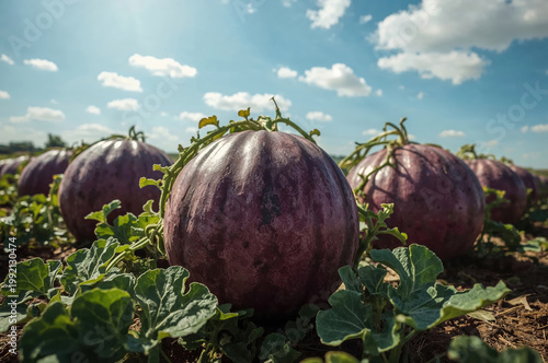 Purple giant watermelons growing in sunny farm field with vibrant surreal agricultural landscape