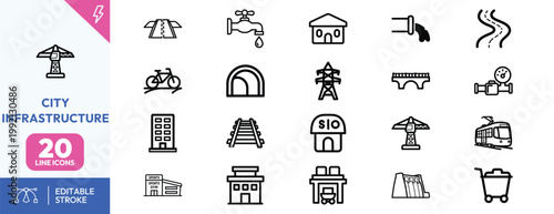 Comprehensive set of minimalist line icons representing urban infrastructure and essential public utility services.
