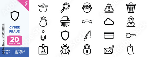 Professional black line icons representing cyber security threats fraud phishing hacking and online data protection
