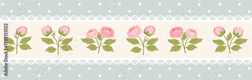 Pink Rose Border Banner on Sage Polka Dot Background Elegant Wedding Floral Design