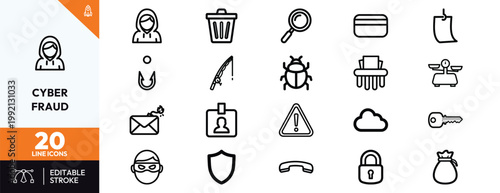 Comprehensive collection of thin line icons representing internet safety and various cyber security fraud threats