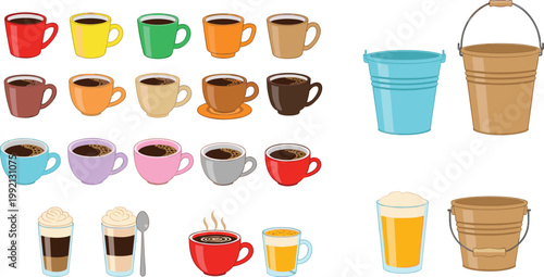 Coffee Cups and Drinks Vector Set with Espresso Cappuccino Latte Mugs Glasses and Beverage Illustration Collection