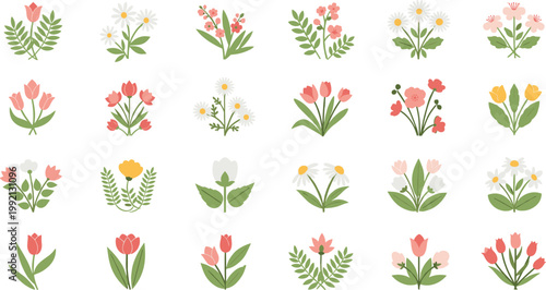 Bouquet of twenty five various spring flowers isolated on white background for design