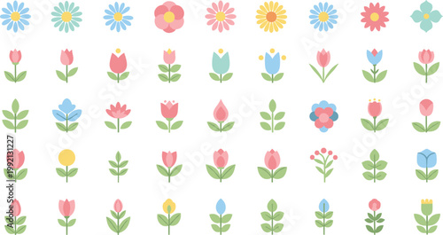 collection of colorful stylized flat flowers and leaves seamless pattern background