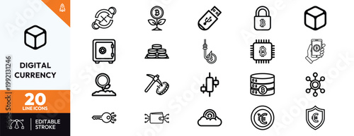 Minimalist set of thin line icons for digital currency blockchain technology and online financial transactions