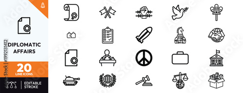 Professional collection of icons representing international diplomacy global peace war conflict and humanitarian aid efforts