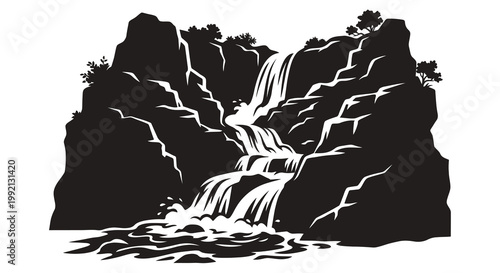 Dramatic waterfall cascading down rocky cliffs a striking black silhouette
