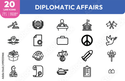 Set of professional line icons representing international relations diplomacy politics peace and global cooperation concepts
