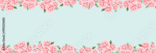 Pink Rose Wedding Frame Banner on Mint Background Romantic Floral Border Design