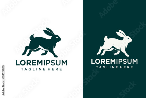 A graphic designer creates illustrations of a running rabbit for a tagline on a white and dark green background with text.