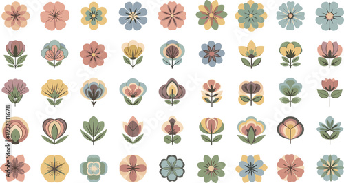 Set of stylized geometric flowers in pastel colors isolated on white background vector