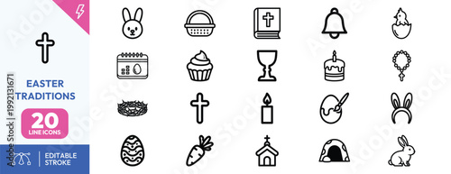Collection of twenty outline icons representing traditional Easter holiday symbols and religious Christian festive elements.