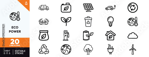 Comprehensive set of thin line icons representing renewable energy sustainable development and environmental conservation concepts