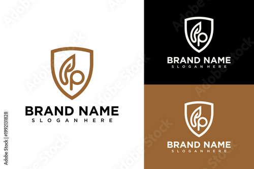 A logo design featuring a shield with a leaf inside on a white background with brown and black color variations