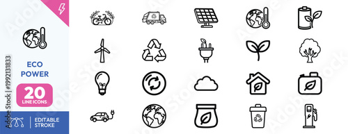 Set of black and white icons representing renewable energy sustainable development and environmental conservation concepts