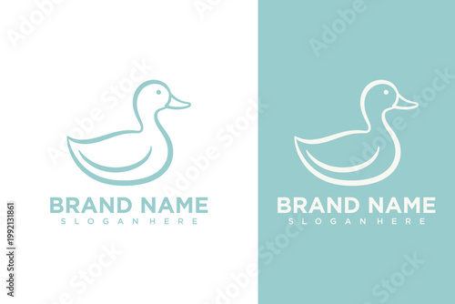 A minimalist logo design featuring a duck on a split white and teal background with text