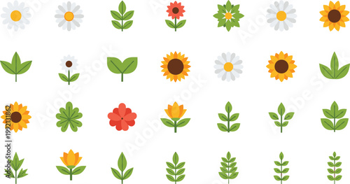Various cartoon flowers and leaves isolated on white background vector art collection