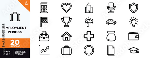 Collection of business line icons representing employment benefits career growth professional perks and corporate success