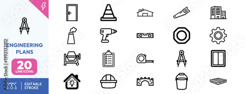 Set of twenty modern line symbols for engineering construction building architecture and industrial project planning