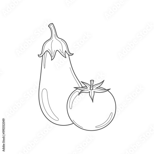 Fresh eggplant and tomato vegetable outline illustration isolated on white background for healthy food design element