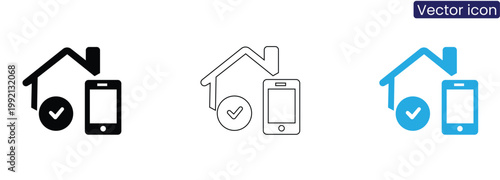 Vector icons of house with smartphone and checkmark on white background