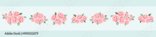 Pink Rose Border Banner on Mint Stripe Background Elegant Wedding Floral Design