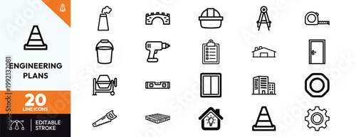 Comprehensive collection of twenty line icons representing architecture construction engineering projects and building industry tools