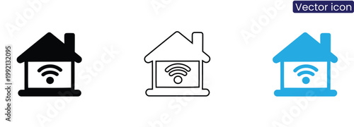 House with WiFi symbol on laptop computer icon set on white background