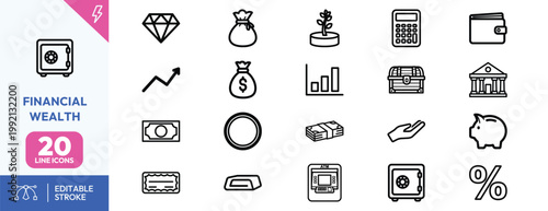 Collection of twenty thin line icons for financial planning banking services investment and wealth management