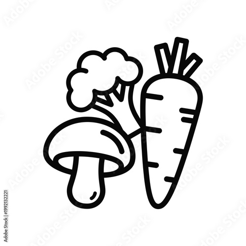 Clean minimalist line art vector icon featuring a fresh mushroom broccoli floret and carrot grouped together for dietary planning and healthy recipe website design