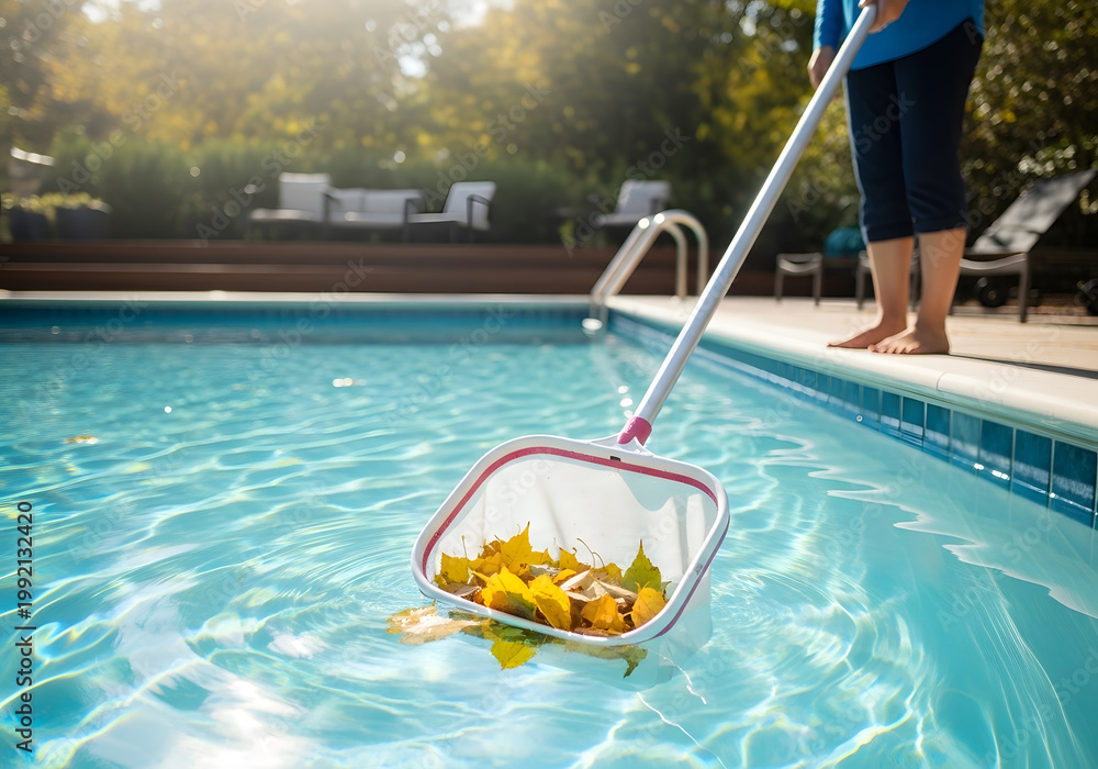 Fototapeta premium Person Cleaning Autumn Leaves from Swimming Pool with Skimmer Net