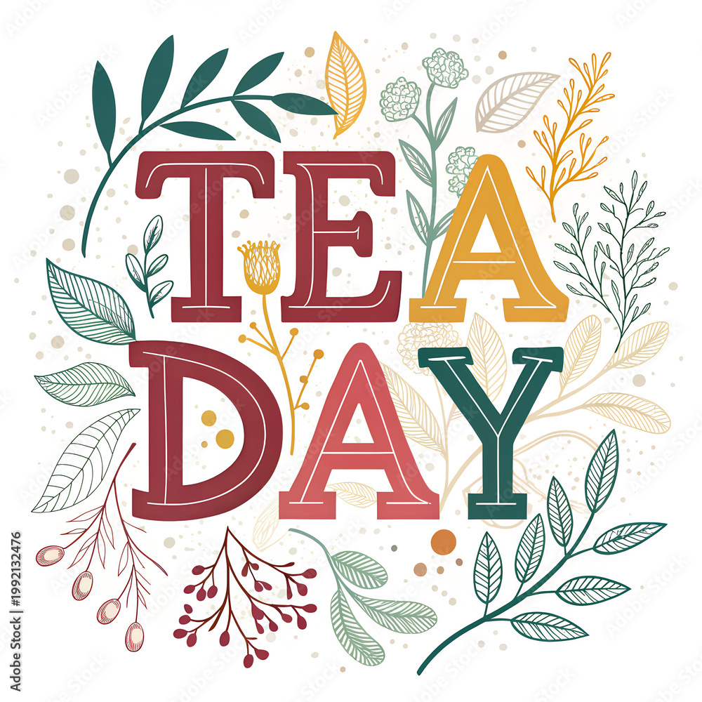 Obraz premium Tea day poster with hand drawn floral decoration leaves.