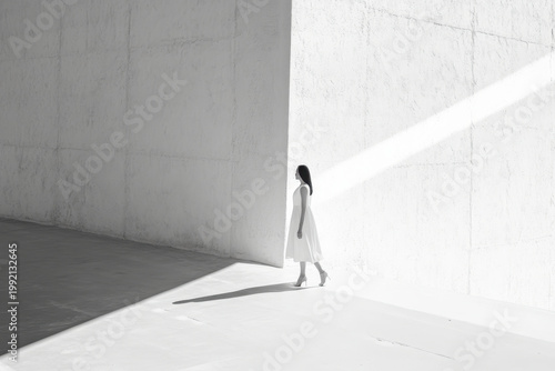 Elegant businesswoman walking in modern white space with stark lighting and shadow