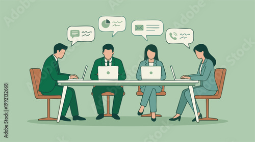 Business team collaborating on laptops with communication and data icons