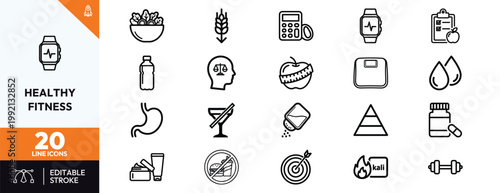 Comprehensive collection of modern line icons focusing on healthy lifestyle choices and fitness progress monitoring.