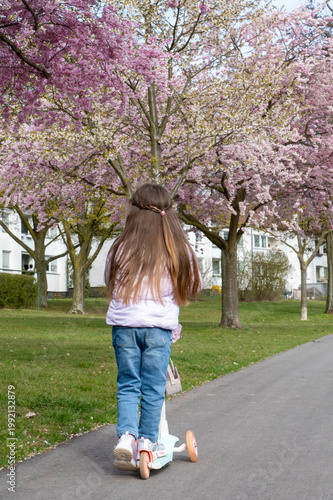 Young girl with long hair rides a scooter on a park path surrounded by blooming pink cherry blossom trees. Vertical orientation