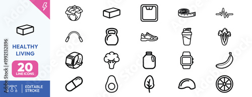 Collection of minimalist line icons representing nutrition fitness wellness and a healthy balanced lifestyle theme