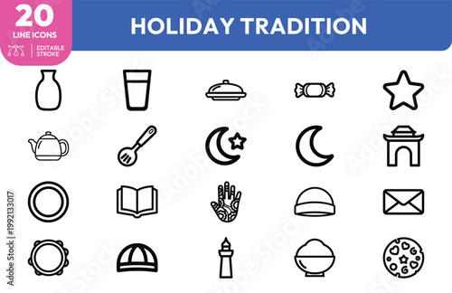 A comprehensive collection of twenty minimalist outline icons representing various religious holiday traditions and culture
