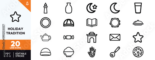 Minimalist line icon set featuring diverse cultural holiday traditions and religious celebration elements for global festivals