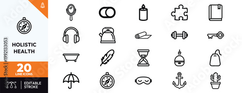 Minimalist black and white line icons for holistic health wellness self care and mindful living routines