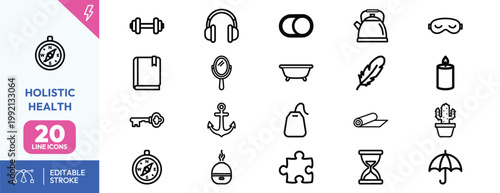 Collection of twenty minimalist line icons representing holistic health wellness and self care lifestyle practices
