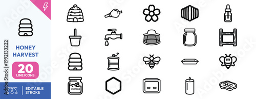 Professional collection of apiculture icons featuring honey extraction tools and essential equipment for bee harvesting
