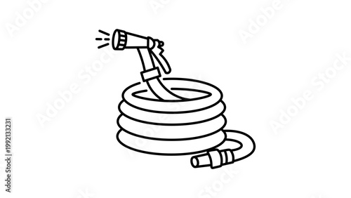 Coiled Garden Hose with Spray Nozzle, Minimalist Black Line Vector Icon on White Background. This Editable Stroke Illustration is perfect for gardening, landscaping, and outdoor maintenance designs.