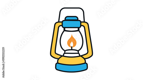 Camping Lantern Vector Icon. Modern flat illustration of a vintage oil lamp with a glowing flame, featuring an editable stroke for customizable line weight. Ideal for outdoor and travel designs.