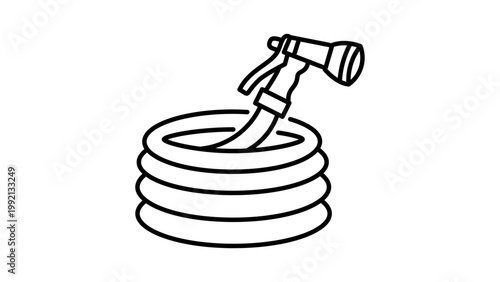 Coiled Garden Hose with Spray Nozzle Minimalist Black Line Vector Icon on White Background. This hand-drawn illustration features an editable stroke for customizable line weight and easy scaling.